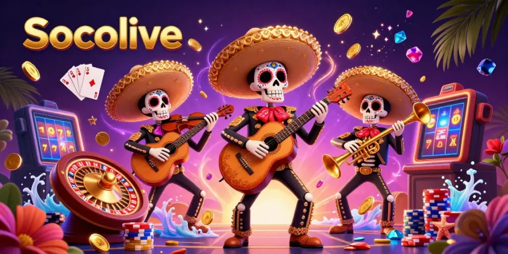Engage with Socolive's lively sports betting scene featuring colorful skeleton mariachi band immersed in gambling fun.