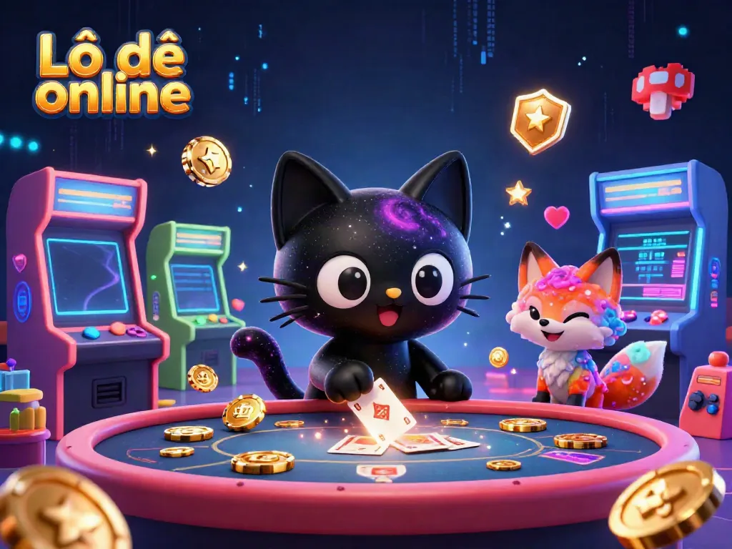 Engage in thrilling Lô đề online gameplay with a cosmic cat and a nebula fox at a glowing casino table.