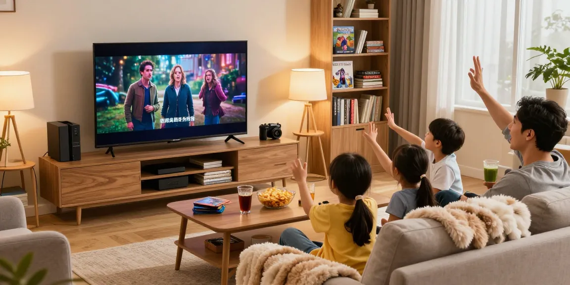 Family watching Iron TV together in a cozy living room setting with snacks and joyful atmosphere.
