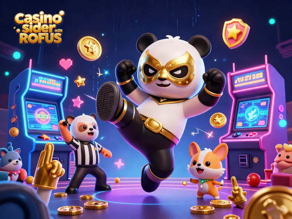 Engage in thrills with casino sider uden ROFUS, featuring a panda wrestler and vibrant arcade elements.
