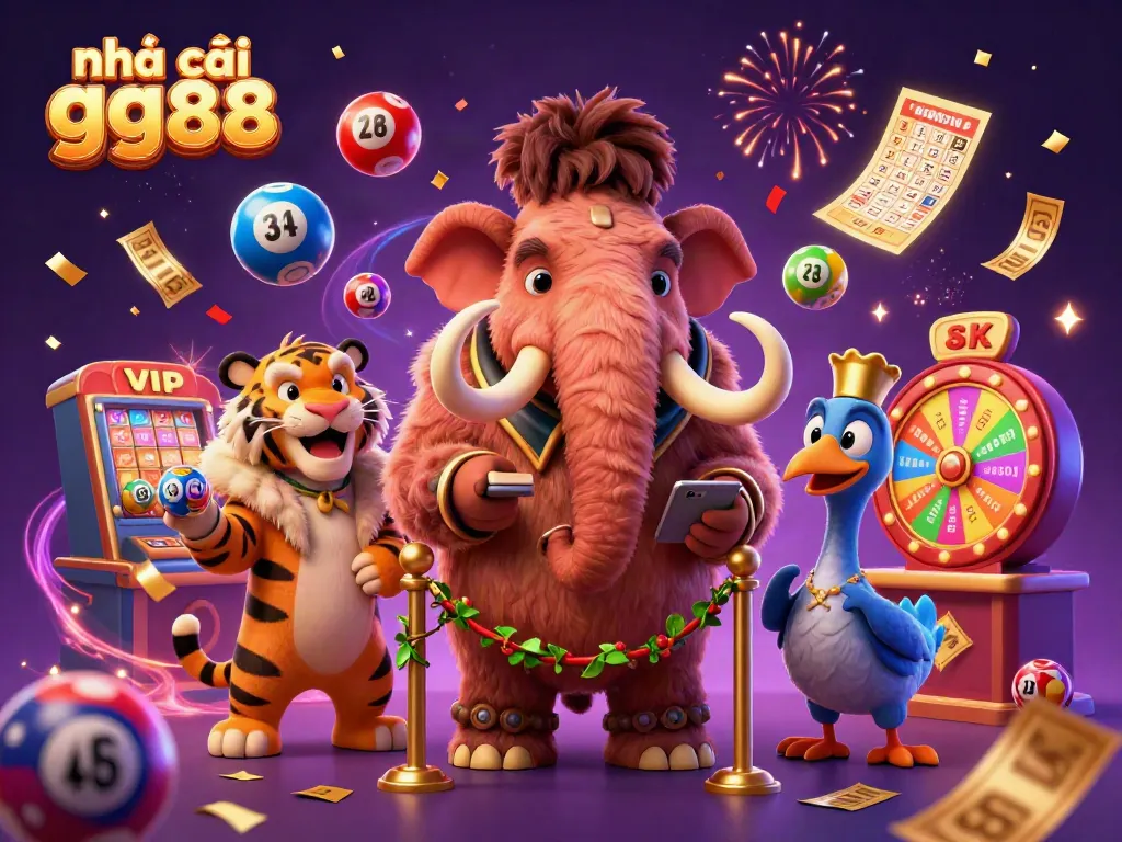 Engaging scene at nhà cái gg88 featuring a woolly mammoth bouncer, saber-tooth tiger guest, and a colorful lottery theme.