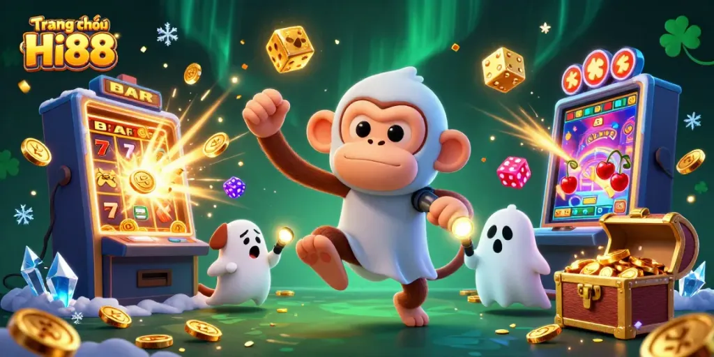 Experience the thrill of Trang chủ Hi88 with a juggler monkey and a puppy ghost-hunter in a vibrant casino scene.
