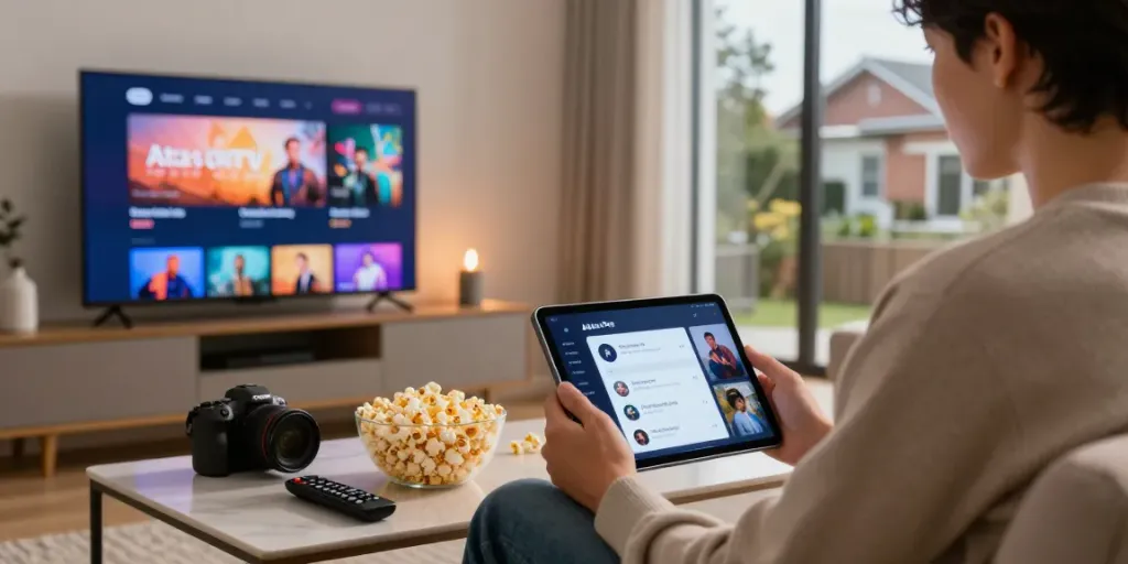 Utilisateur d'Atlas Pro ONTV regardant du contenu en streaming dans un salon moderne, ambiance accueillante.