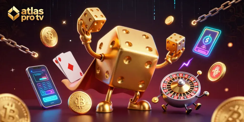 Atlas Pro TV : jouez avec des dés dorés et des éléments de crypto dans un univers de casino dynamique.