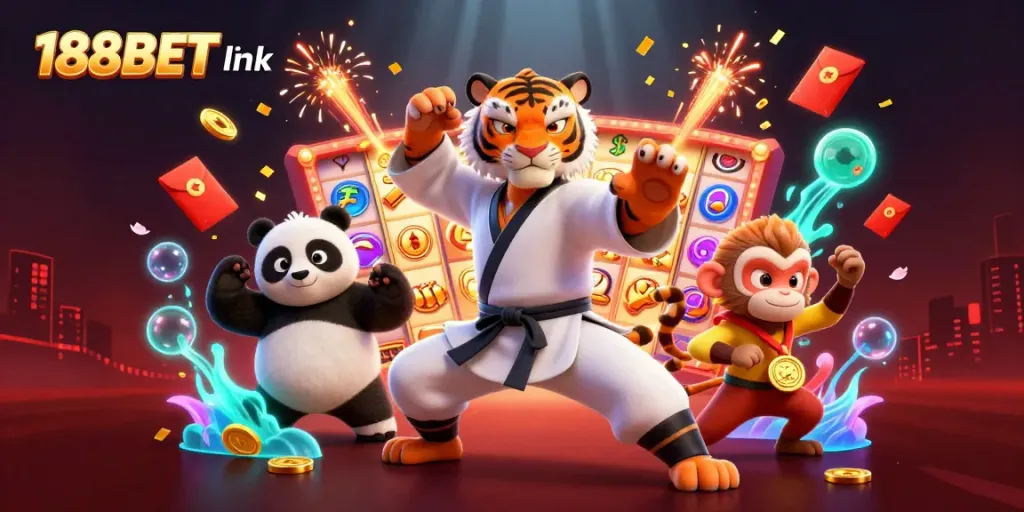 Experience thrilling gaming action at 188BET link where a kung fu tiger and friends celebrate wins amid slot games and festive elements.