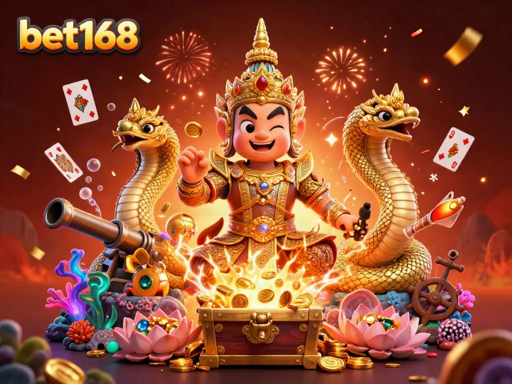 Experience betting excitement with bet168 as golden treasures spill from chests and glittering gems fill the scene.