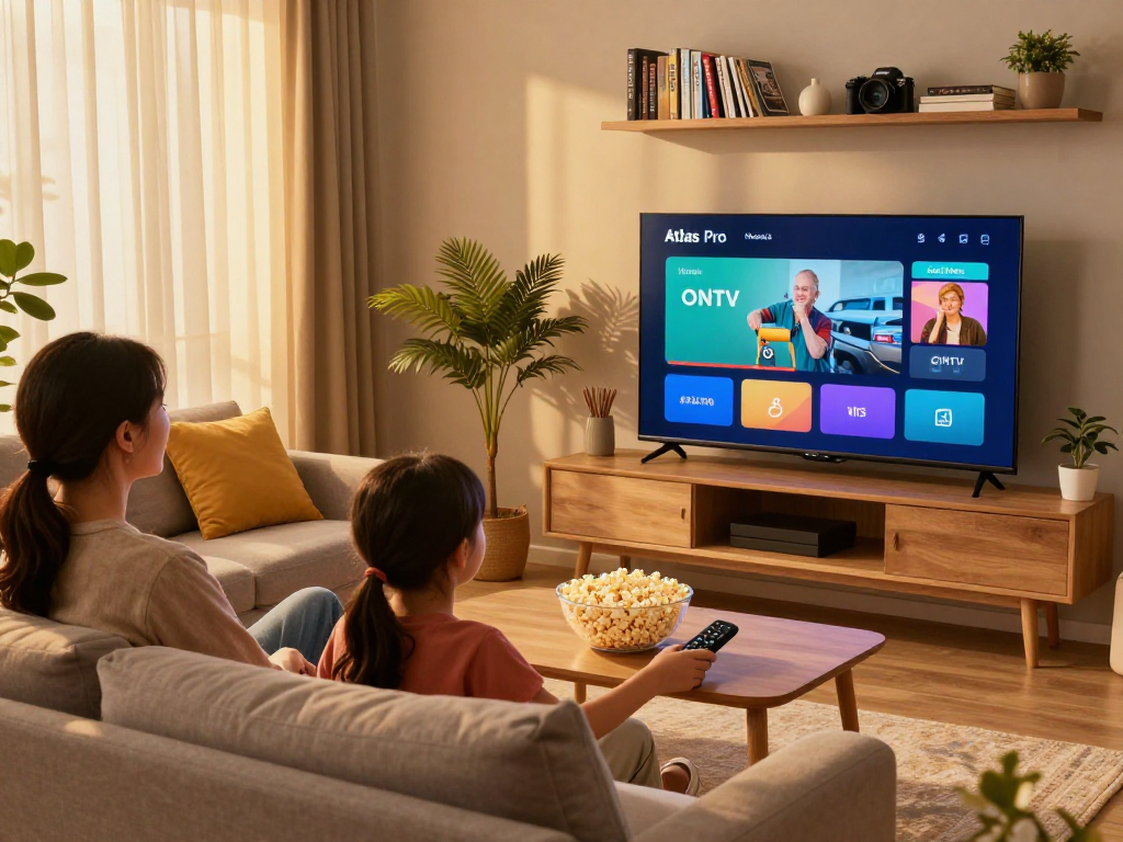 Une famille profitant d'une soirée cinéma avec l'application atlas pro sur la télévision.