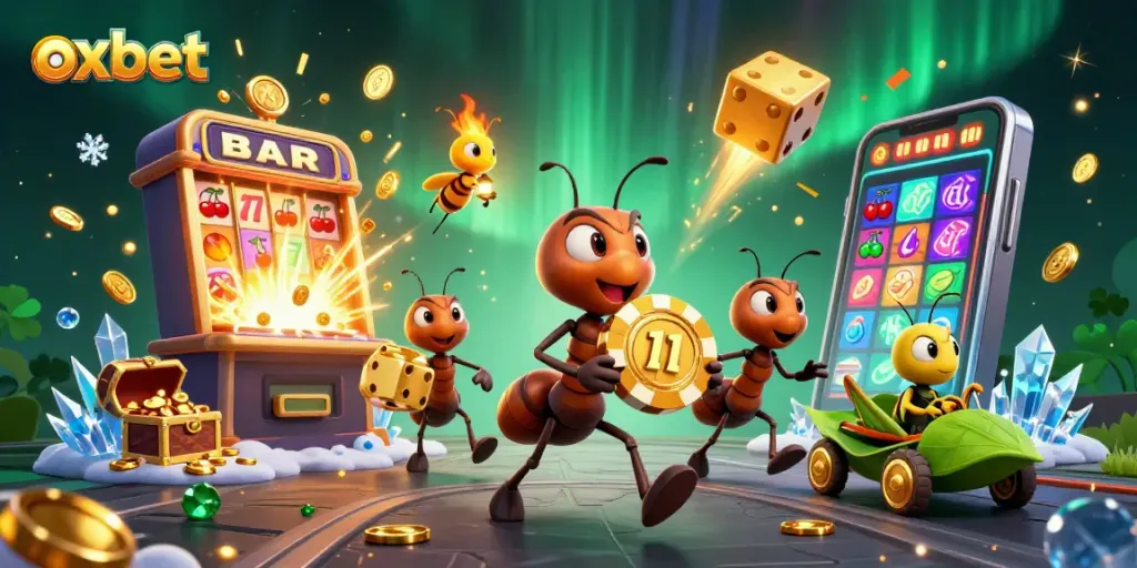 Experience exhilarating gaming with OXBET and dynamic casino elements in a vibrant 3D illustration.