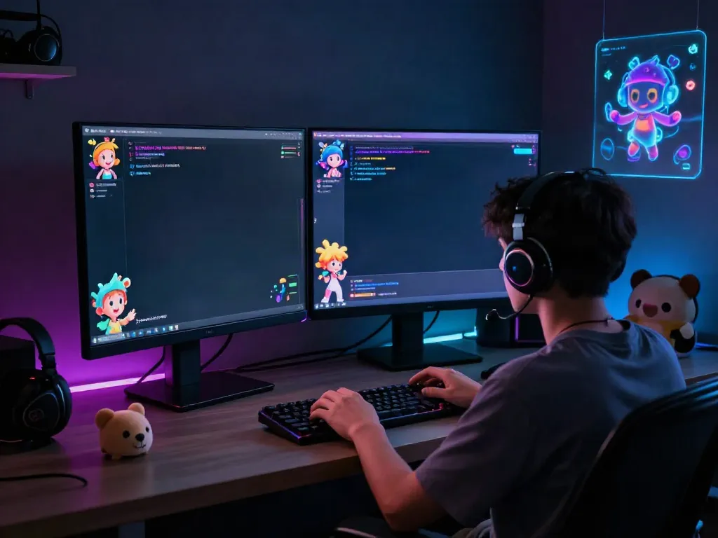 User interacting with a captivating NSFW AI character in a modern chat room setting, with colorful monitors and ambient lighting.