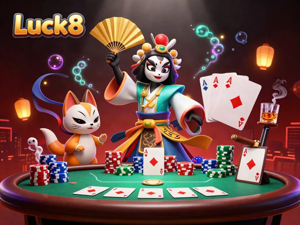Experience dynamic gaming action with Luck8's kabuki warrior and poker elements in an energetic casino atmosphere.