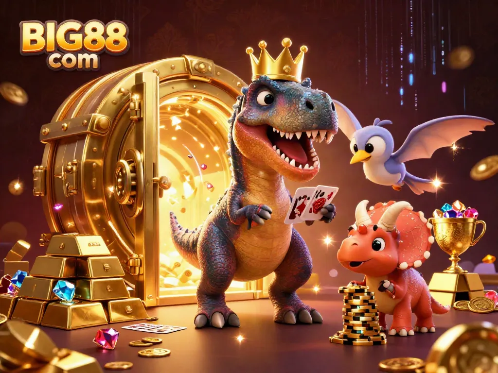 Experience the thrilling scene of BIG88 com with playful dinosaurs shuffling cards and stacking chips.