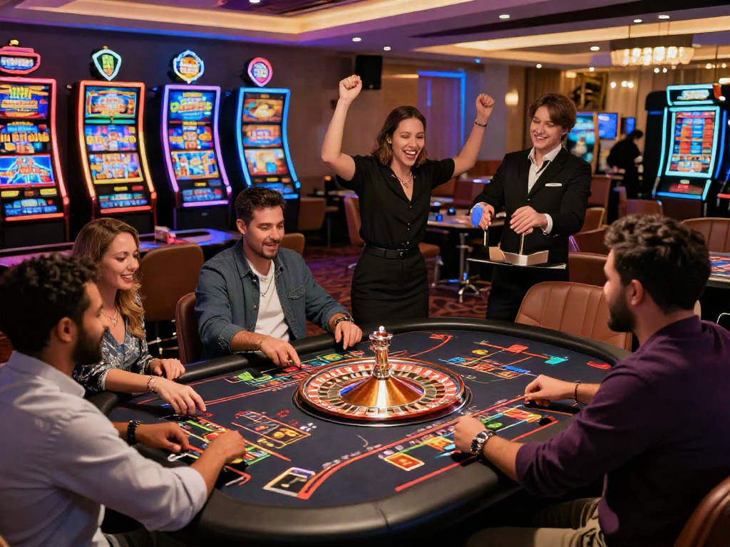 Casino en ligne le plus payant : joueurs célébrant leurs gains autour d'une roulette illuminée.