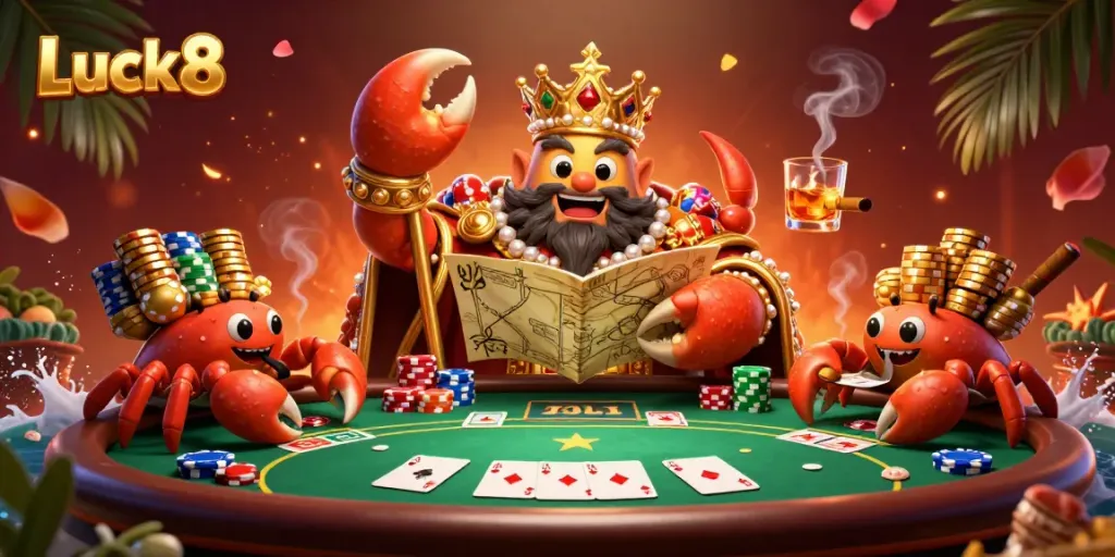 Engage in thrilling poker action with Luck8's lively and colorful gaming scene featuring a golden crab emperor.