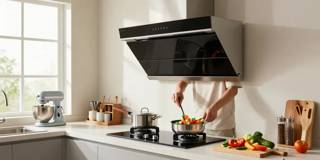 Hotte inclinée dans une cuisine moderne avec des légumes frais et un éclairage naturel.