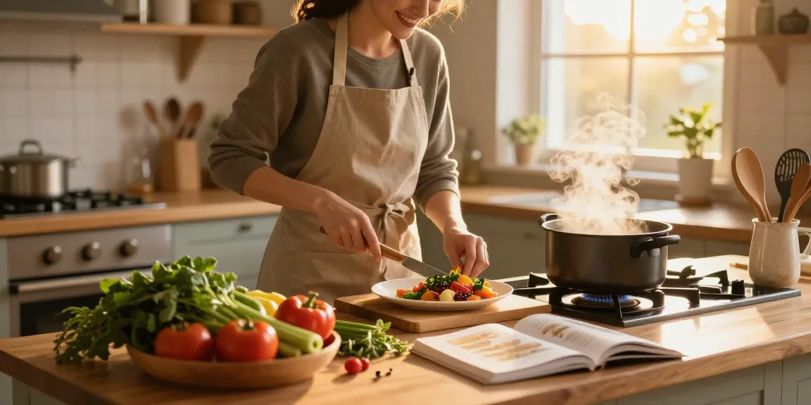 Recettes faciles préparées dans une cuisine chaleureuse avec des ingrédients frais et une ambiance conviviale.