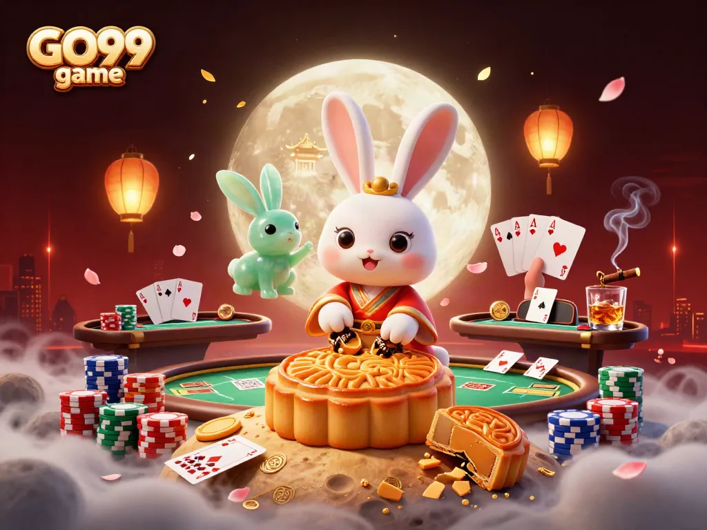 Experience the excitement of GO99 game with a vibrant 3D scene showcasing a moon rabbit and poker elements.