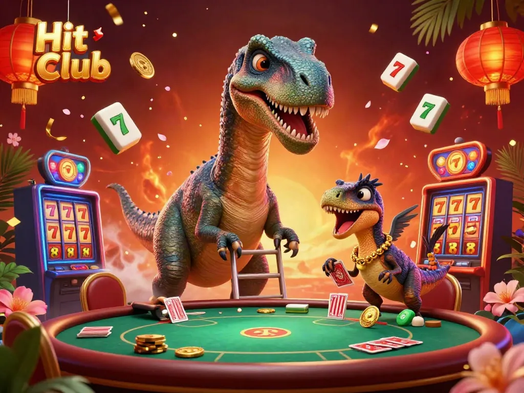 Experience excitement at Hit Club with a brontosaurus and raptor in a lively casino scene.