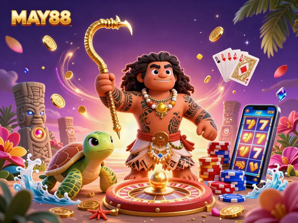 MAY88 showcases a thrilling online gaming scene with vibrant characters and dynamic casino elements.