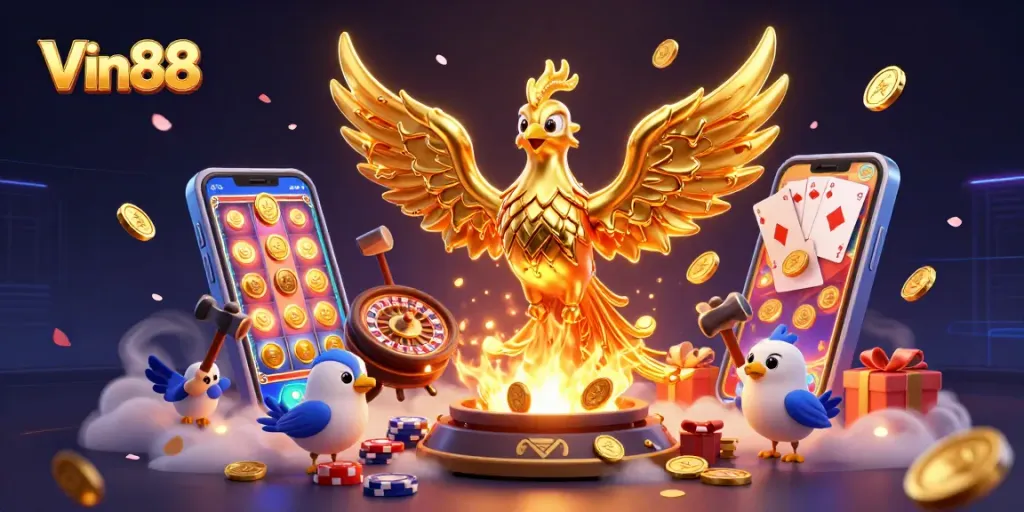 Experience the thrill of Vin88 with our vibrant golden phoenix and dynamic casino elements.
