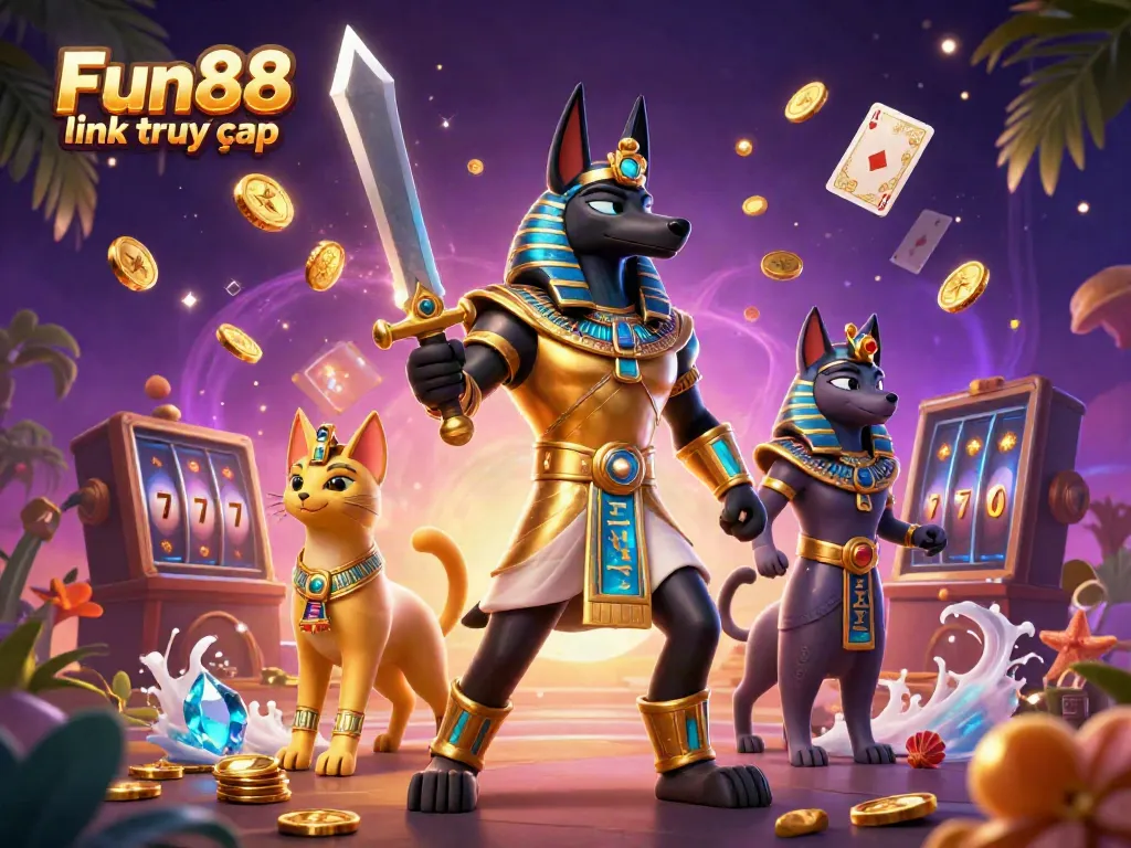 Experience vivid gaming with Fun88 link truy cập featuring Anubis and Bastet amidst dynamic casino elements.
