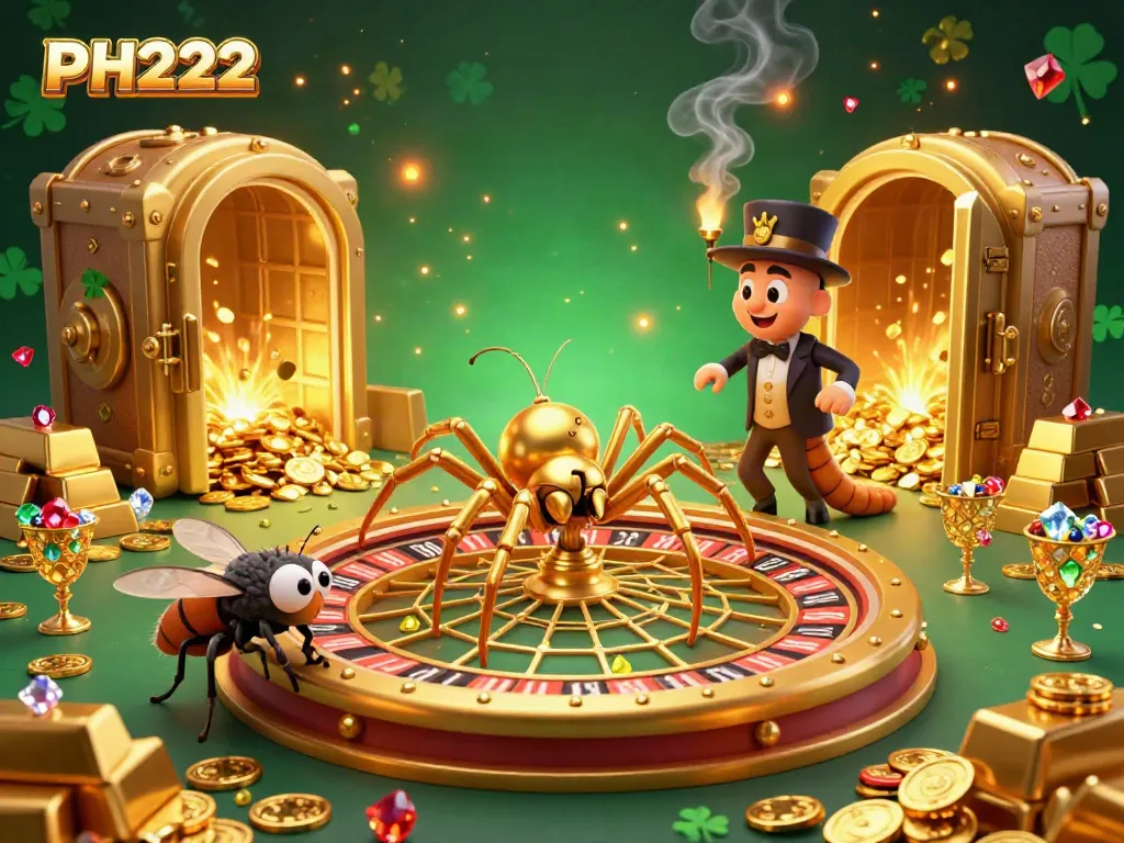 Engage in thrilling bets with PH222 at a vibrant 3D casino illustrated scene featuring a spinning roulette web.