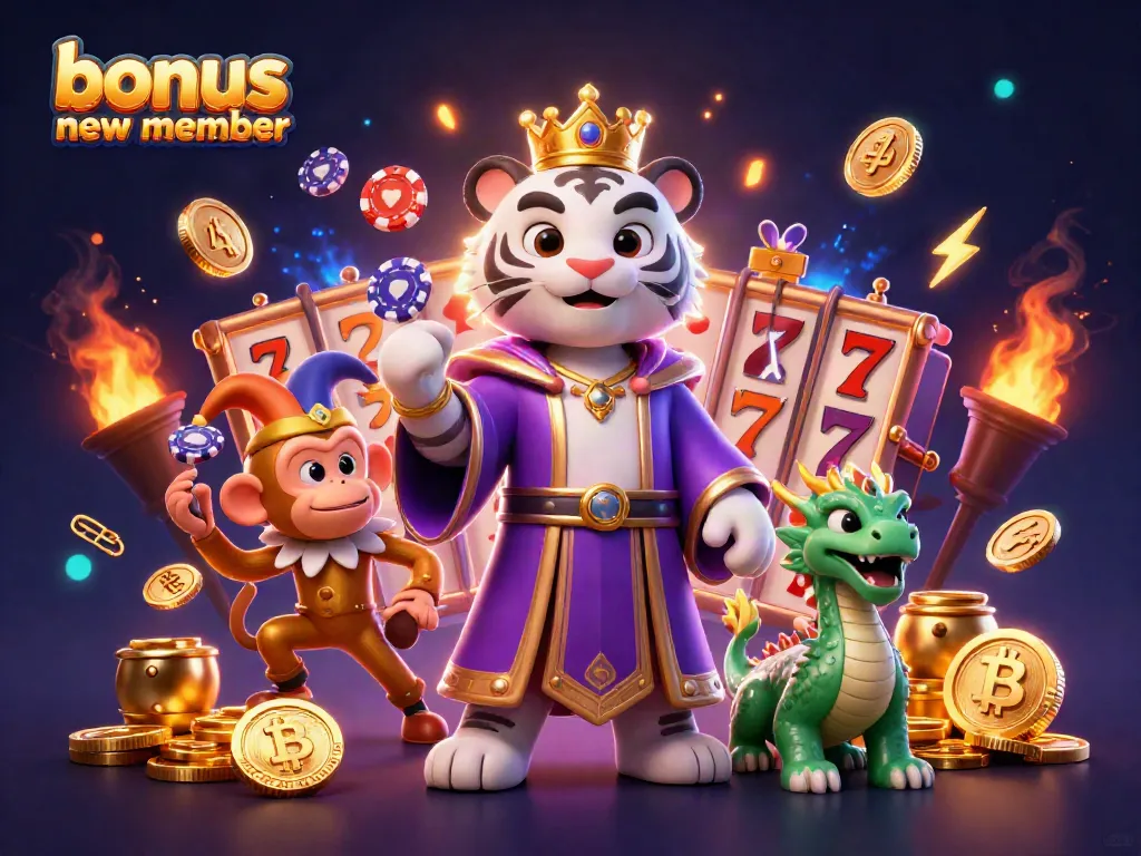 Experience the thrill with bonus new member promotions in a dazzling slot-themed illustration featuring vibrant characters and elements.