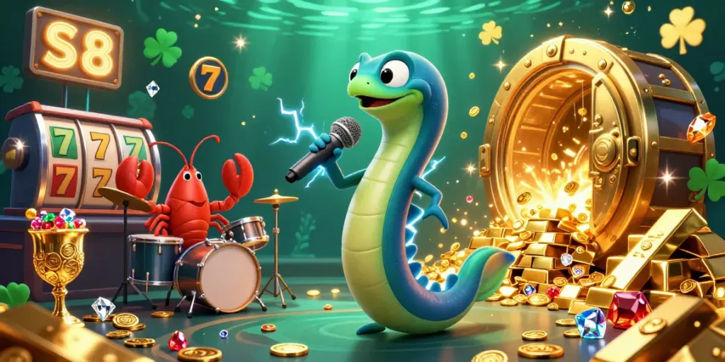 Experience thrilling underwater casino excitement with S8's vibrant DJ eel and dynamic game elements.