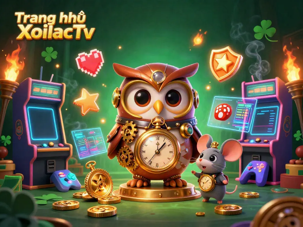 Watch live matches on Trang chủ XoilacTv with a charming owl in a steampunk casino setting.