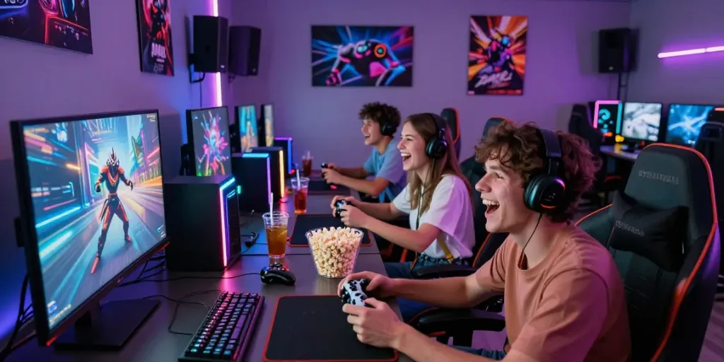 Suasana gaming seru dengan tisu4d di ruang bermain modern bersama teman.
