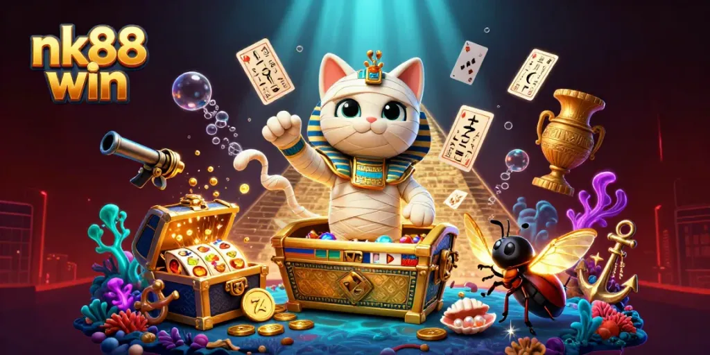 Experience the thrill of nk88 win as the Egyptian mummy cat bursts from a sarcophagus amidst dynamic casino elements.