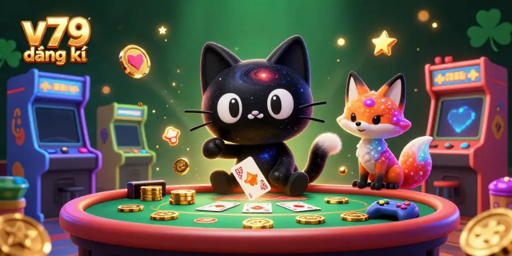 Experience the allure of v79 đăng ký with a captivating cosmic casino scene featuring a black hole cat and nebula fox.