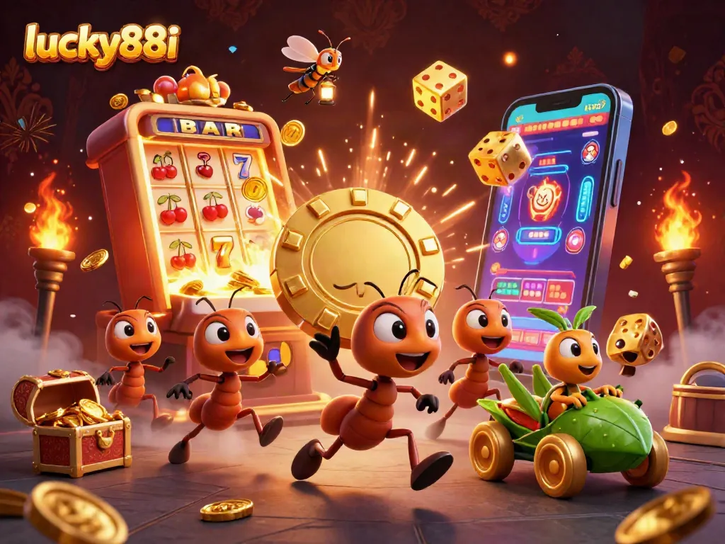 Engage with lucky88i as ants execute a heist for a giant poker chip amid a vibrant casino explosion.