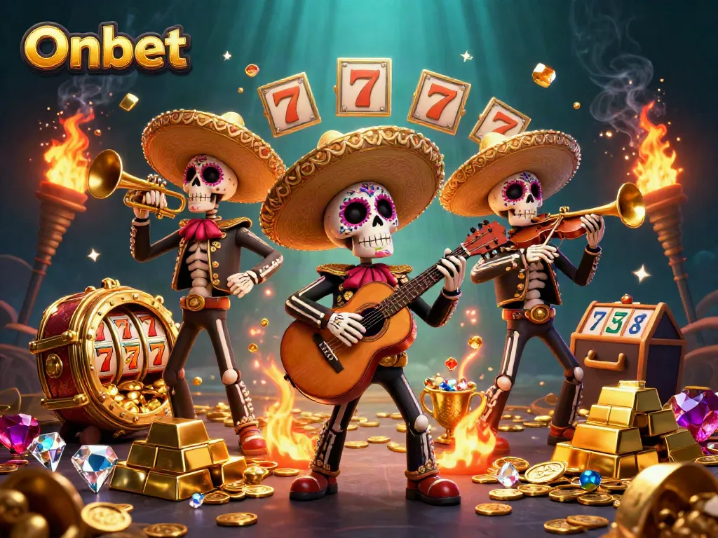 Experience the vibrant casino atmosphere with Onbet's mariachi band amidst gold treasures and slot reels.