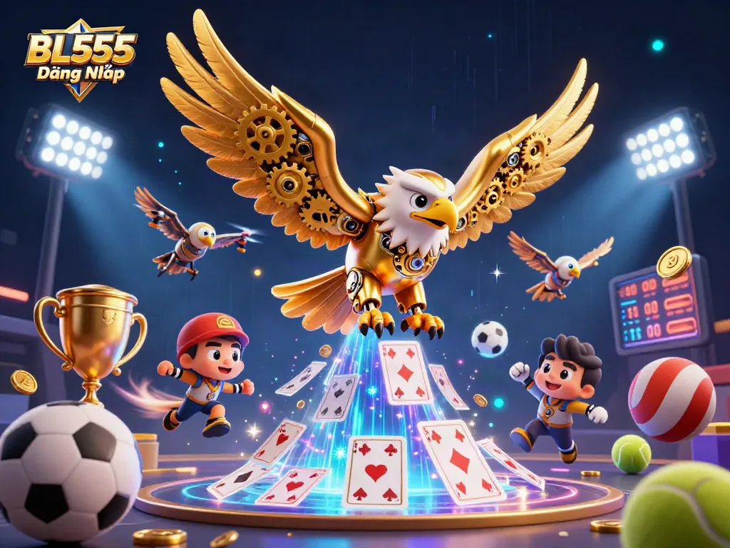 Experience dynamic gaming action with BL555 Đăng Nhập, featuring a cybernetic eagle soaring through a cascade of holographic cards and vibrant game elements.