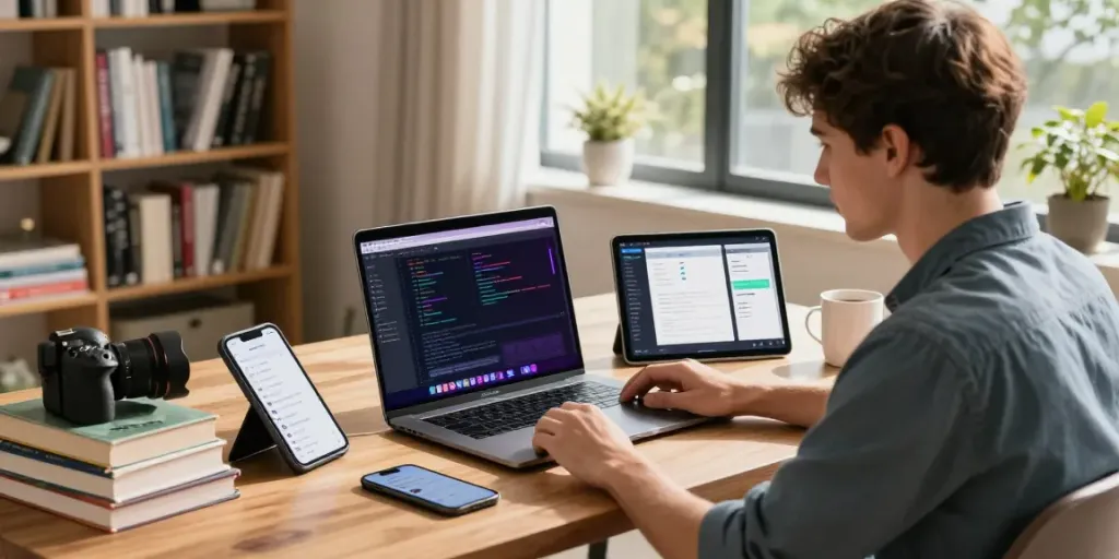 Pengembang TISU4D sedang bekerja di rumah dengan laptop dan tablet di meja, suasana yang inspiratif dan modern.