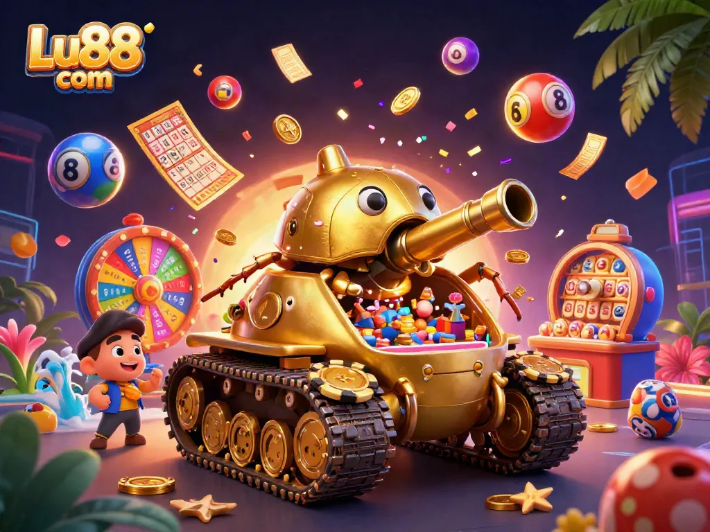 Play exciting games at Lu88 com with a dynamic casino scene featuring vibrant lottery balls and golden tokens.