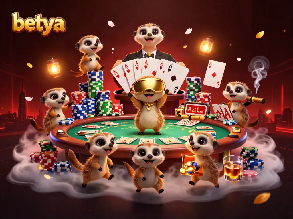 Betya casino illustration featuring meerkats in a lively setting, showcasing poker and vibrant game elements.