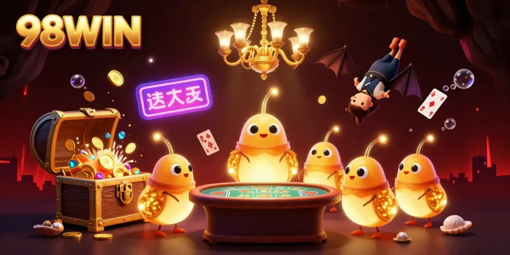 Illuminate your game at 98WIN's cave casino with glowing characters and vibrant treasures.