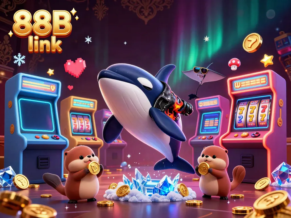 Engage in gaming action with the colorful scene featuring 88B link characters surrounded by slots and arcade elements.