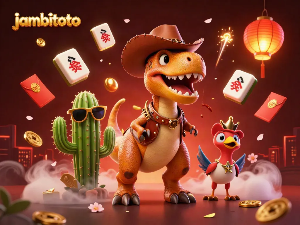 Engage with jambitoto in a vibrant scene featuring a T-Rex cowboy among festive elements, capturing the excitement of online gambling.