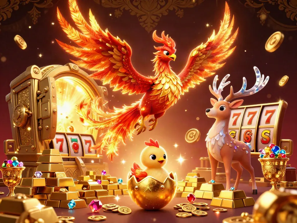 Experience exciting jackpots at nhà cái FLY88 with a vibrant 3D illustration featuring treasure and phoenix elements.