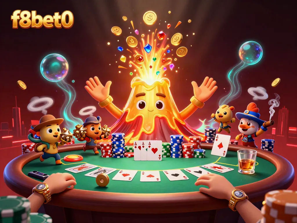 Experience thrilling wins at f8bet0 with an erupting golden volcano amidst flowing coins and poker excitement.
