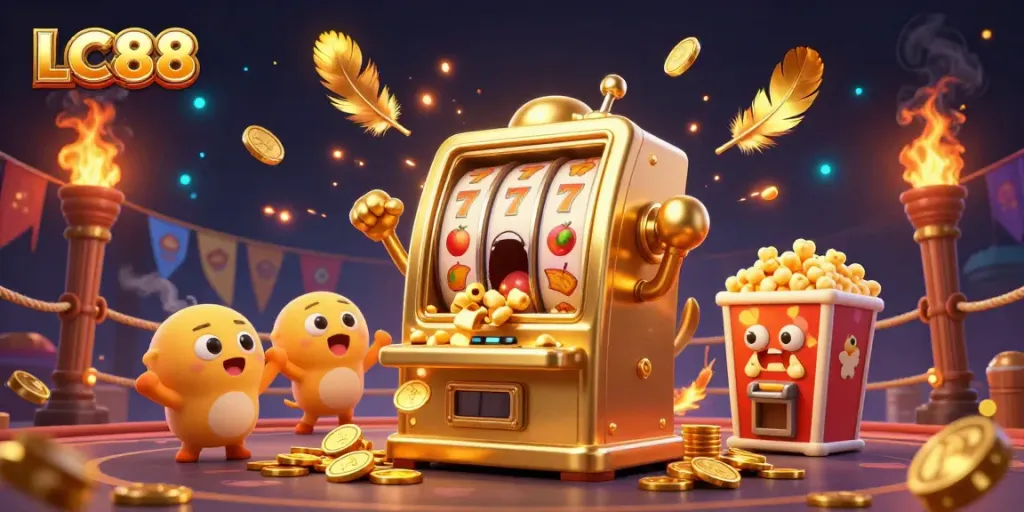 LC88 slot machine celebrates a jackpot win with coins pouring, surrounded by cheering baby slots.