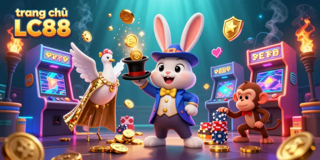 Experience thrilling games at trang chủ LC88 with a magical rabbit, dove, and monkey in a vibrant casino scene.