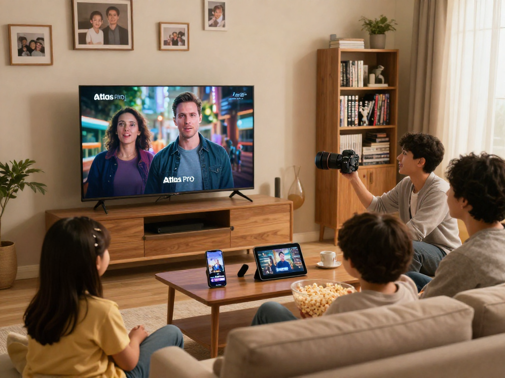 Famille profitant d'Atlas pro ontv avec un téléviseur grand écran et des appareils sur la table.