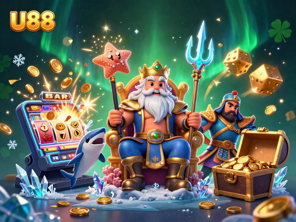 Experience thrilling gaming action with U88's vibrant 3D casino illustration featuring jackpots and rich rewards.
