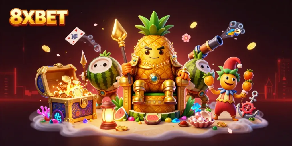 Engage with 8XBET at this vibrant beach casino scene, featuring a golden pineapple king and exciting game elements.