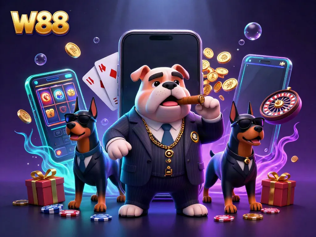 Experience the action with W88 as a mafia boss bulldog and his guards take center stage in a vibrant casino scene.
