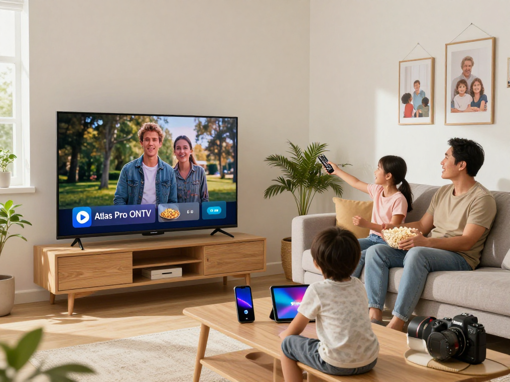 Famille profitant d'Atlas pro ontv pour regarder un film en HD dans leur salon chaleureux.