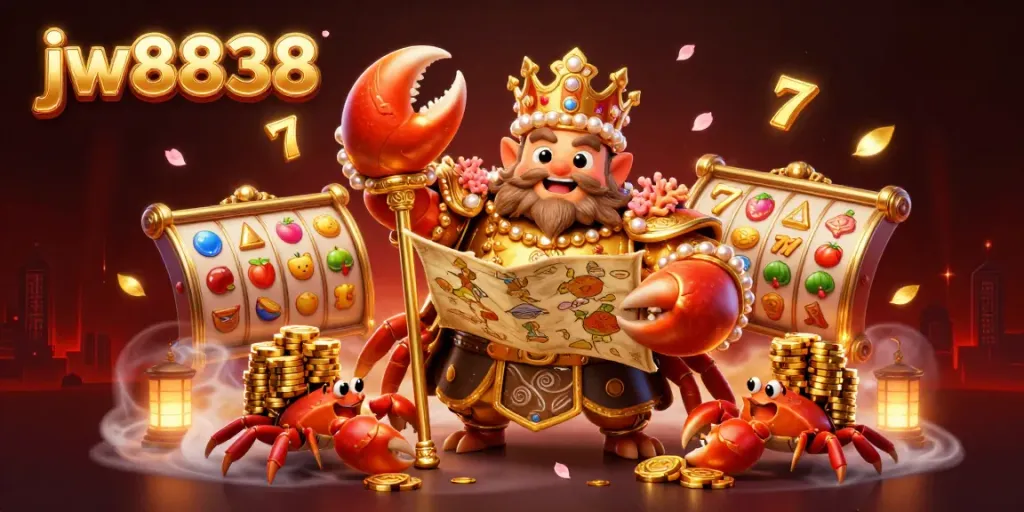 Engage with jw8838 casino's vibrant 3D illustrated scene of a golden crab emperor amid spinning slot reels.